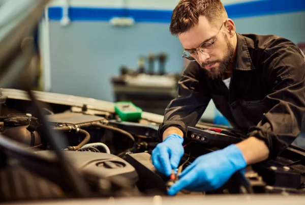 A mechanic wearing blue gloves tests a car battery with a multimeter under an open hood in an auto repair shop.