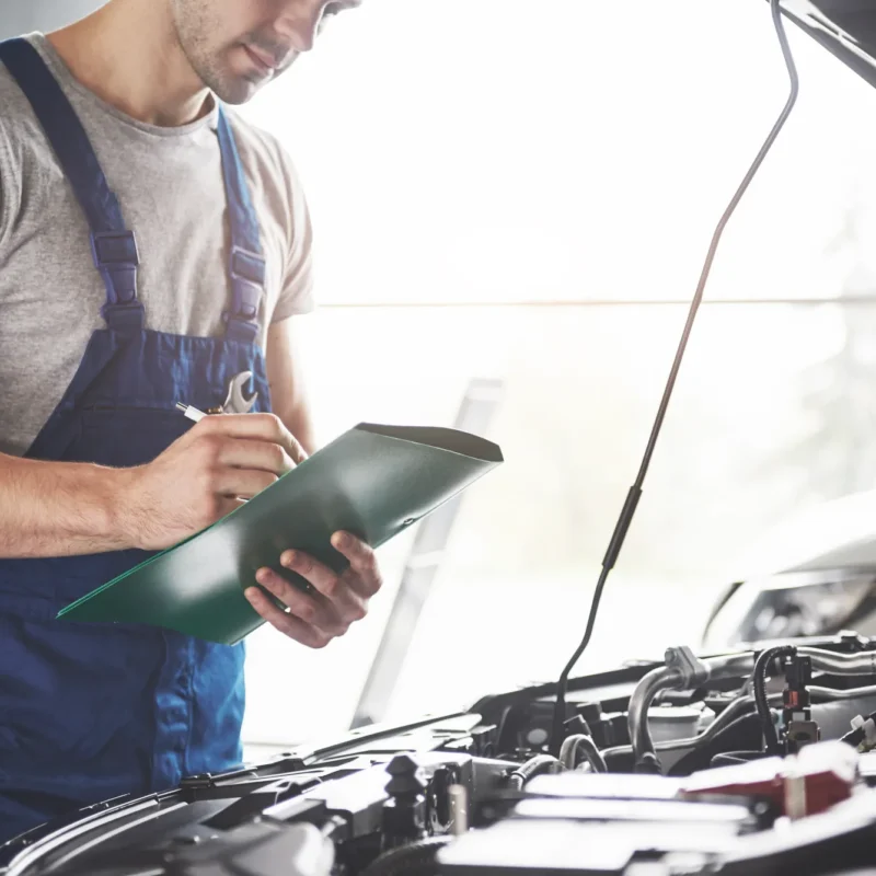 A mechanic in blue overalls writes on a clipboard while standing beside a car with its hood open in a repair shop.